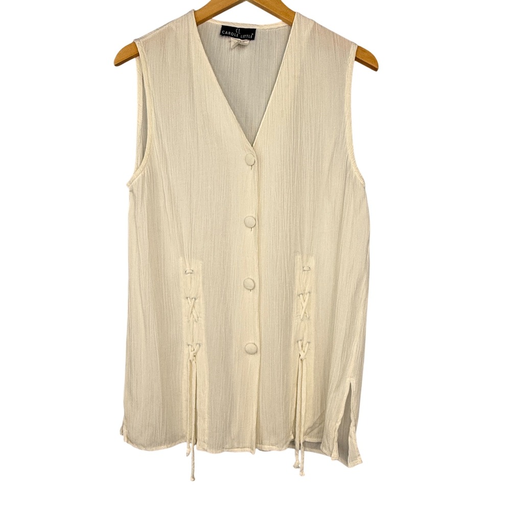 Vtg Carole Little Button Front Vest Women 6 Cream Lace Up Sides Crinkle Rayon